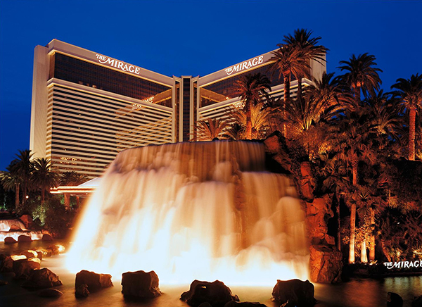 Front of Mirage Hotel and Casino in Las Vegas featuring the water fountain.