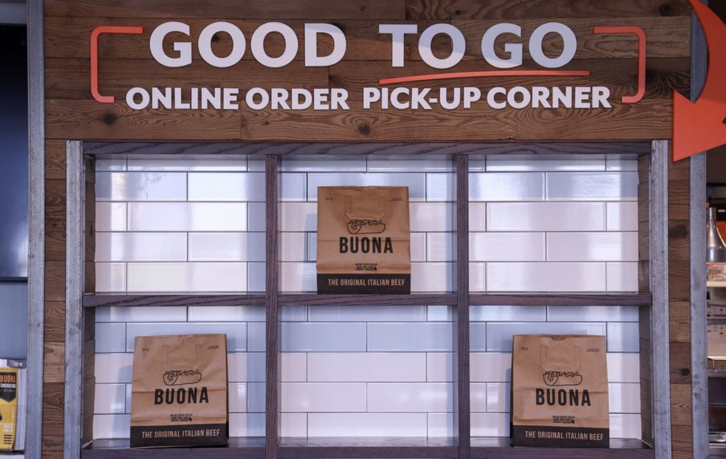Buona restaurants have dedicated online order and pickup corners.